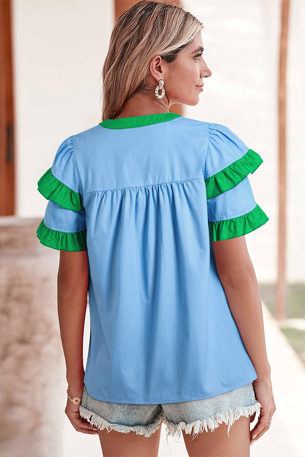 Mist Blue Contrast Notched Neck Frilly Detail Short Sleeve Blouse-Tops/Blouses & Shirts-[Adult]-[Female]-2022 Online Blue Zone Planet