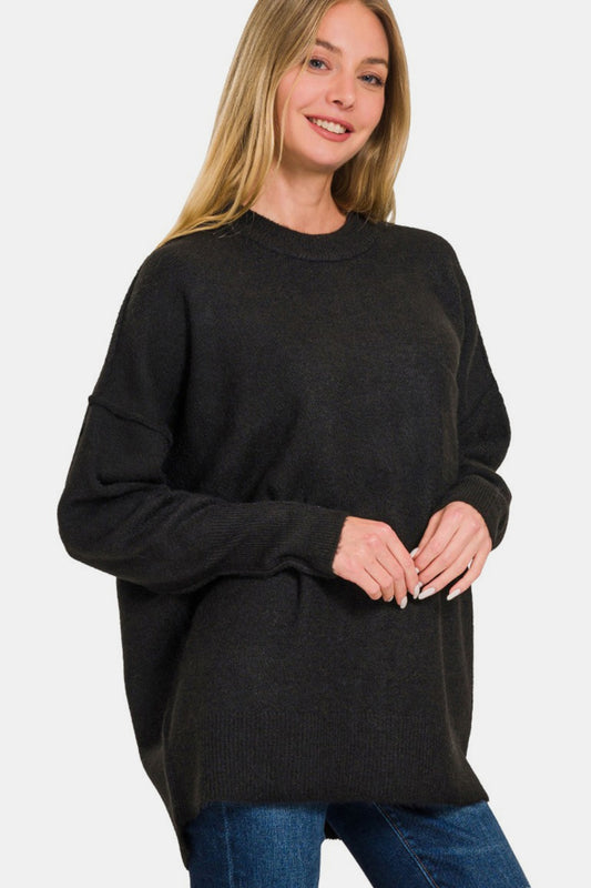 Blue Zone Planet | Zenana High-Low Hem Drop Shoulder Sweater-TOPS / DRESSES-[Adult]-[Female]-Black-S/M-2022 Online Blue Zone Planet