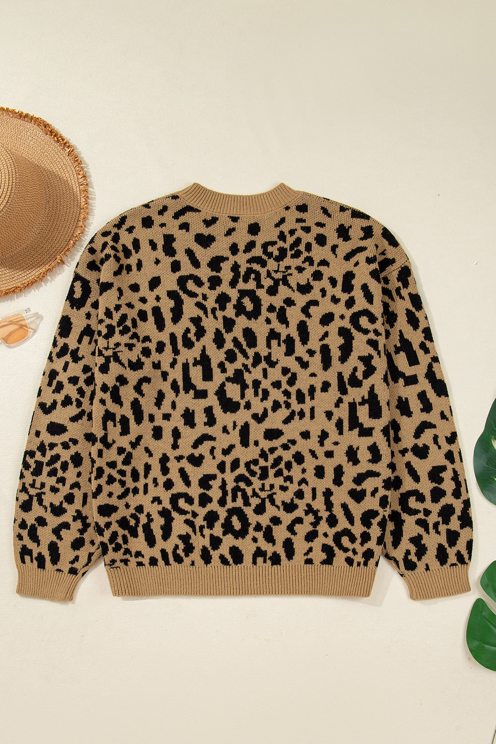 Light French Beige Ribbed Trim Round Neck Leopard Drop Shoulder Sweater-Sweaters & Cardigans/Sweaters-[Adult]-[Female]-2022 Online Blue Zone Planet