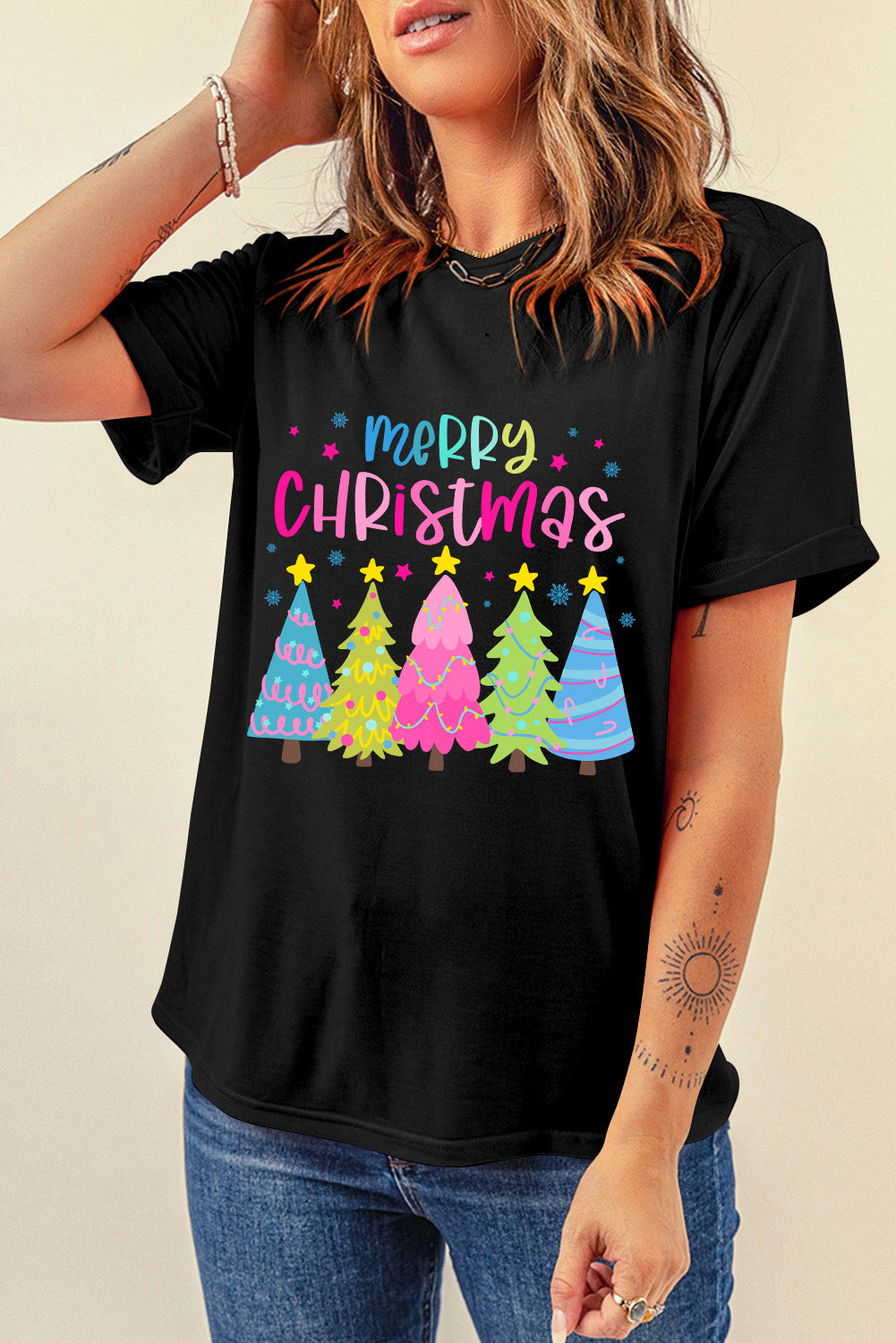 Blue Zone Planet |  Black Merry Christmas Trees Print Crew Neck Loose T Shirt