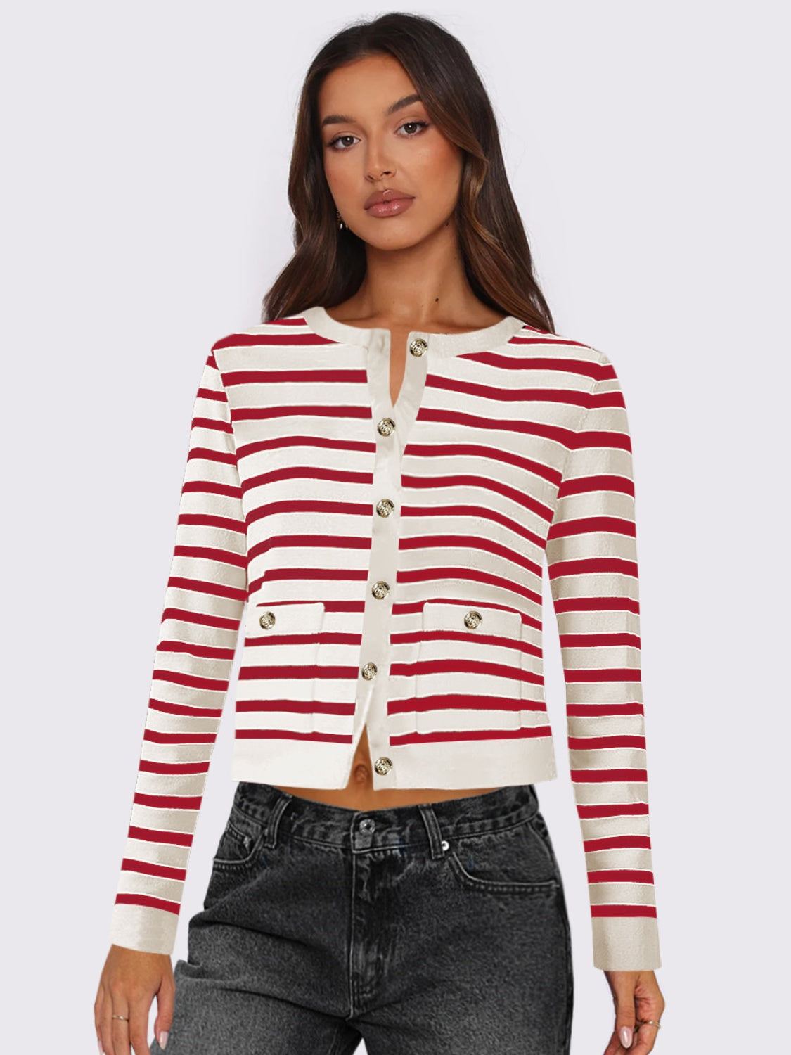 Striped Round Neck Button Up Long Sleeve Cardigan-NEW ARRIVALS-[Adult]-[Female]-Deep Red-S-2022 Online Blue Zone Planet