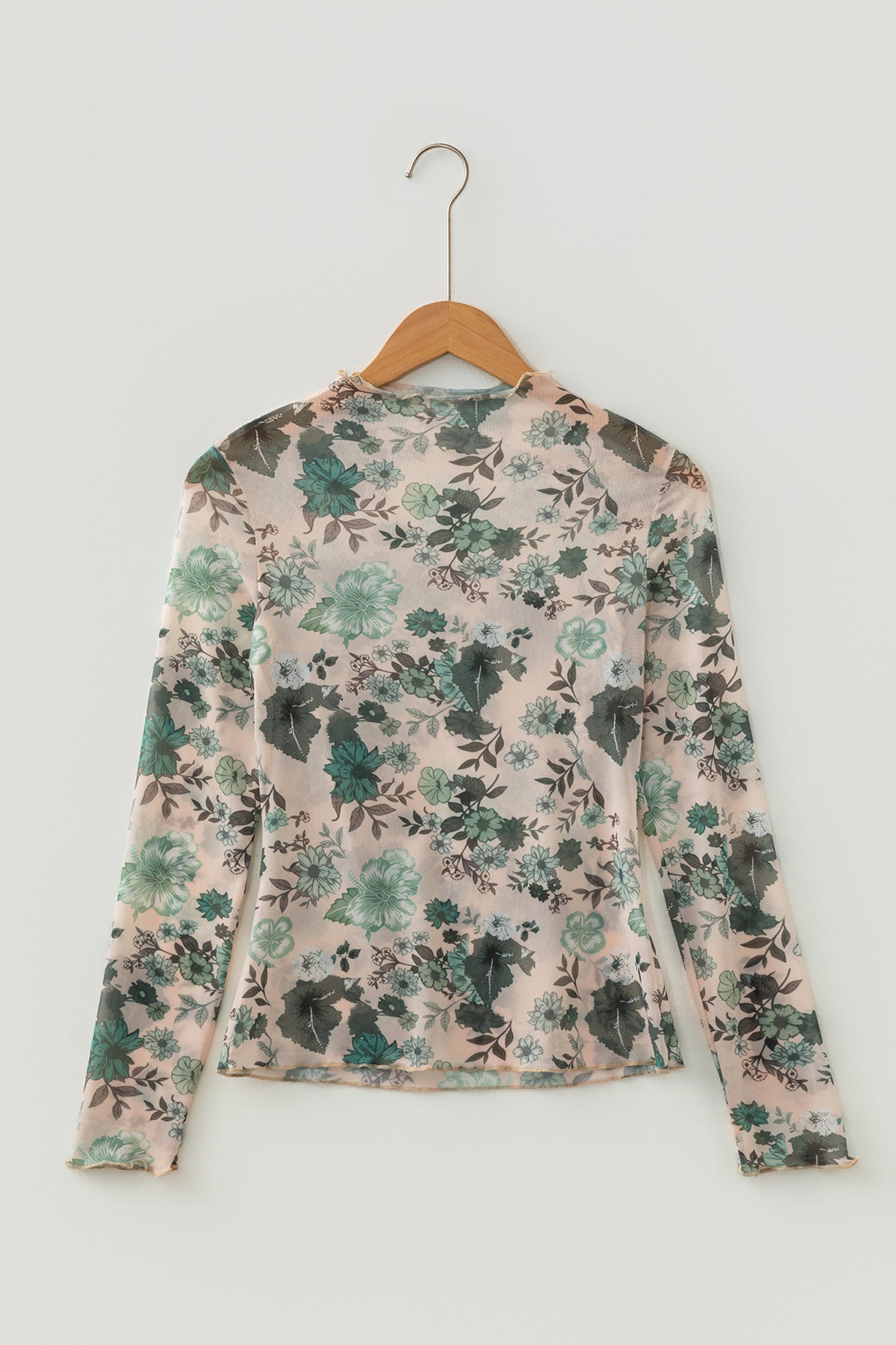 Green Western Style Floral Print Long Sleeve Mesh Top-Tops/Long Sleeve Tops-[Adult]-[Female]-2022 Online Blue Zone Planet