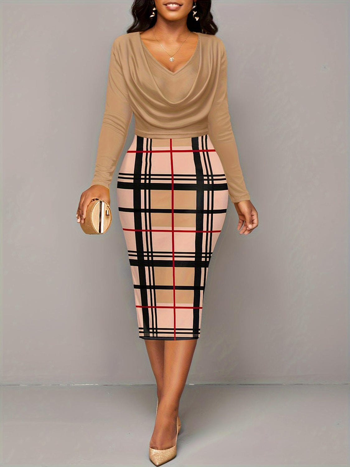 Plus Size Plaid Long Sleeve Mini Dress-TOPS / DRESSES-[Adult]-[Female]-Tan-1XL-2022 Online Blue Zone Planet