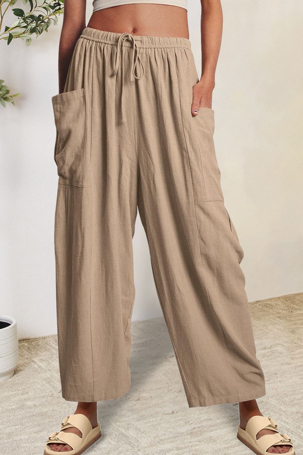 Full Size Pocketed Drawstring Wide Leg Pants-BOTTOMS SIZES SMALL MEDIUM LARGE-[Adult]-[Female]-2022 Online Blue Zone Planet