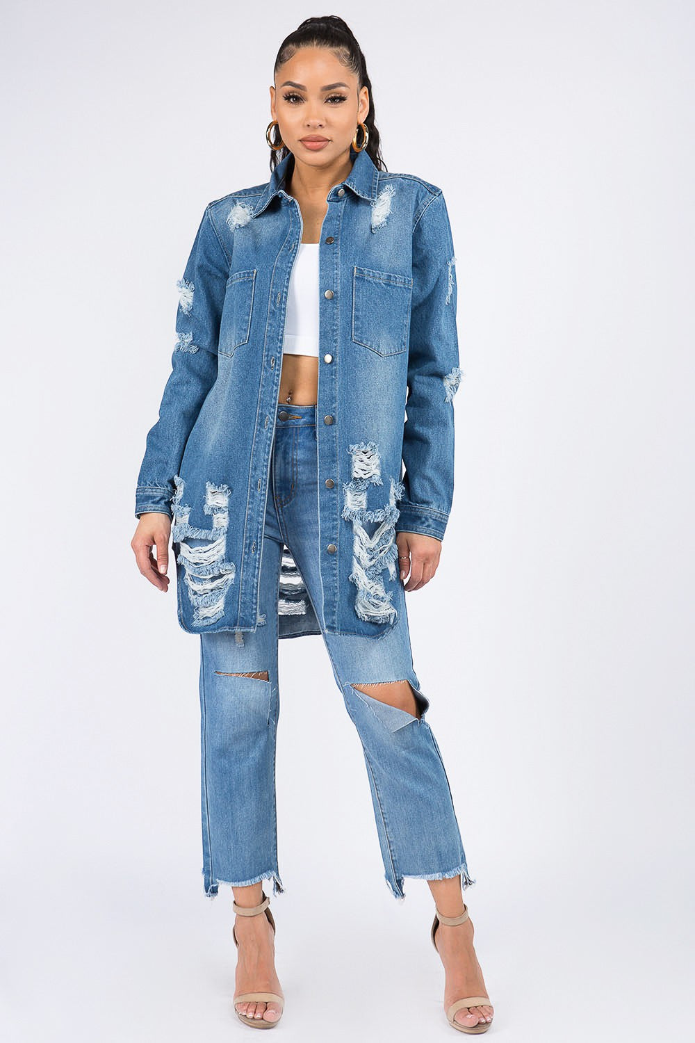 American Bazi Distressed Button Down Denim Shirt Jacket-TOPS / DRESSES-[Adult]-[Female]-2022 Online Blue Zone Planet