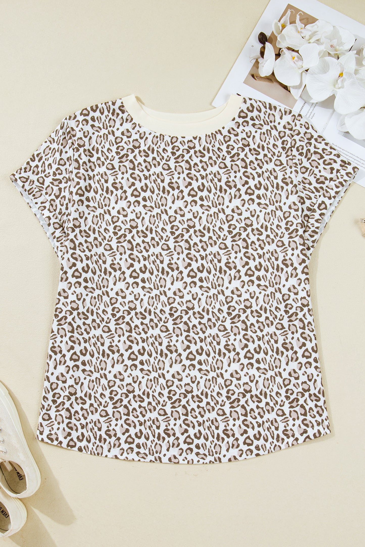 White Plus Size Leopard Print Round Neck T Shirt-Plus Size/Plus Size Tops/Plus Size Tops & Tees-[Adult]-[Female]-2022 Online Blue Zone Planet