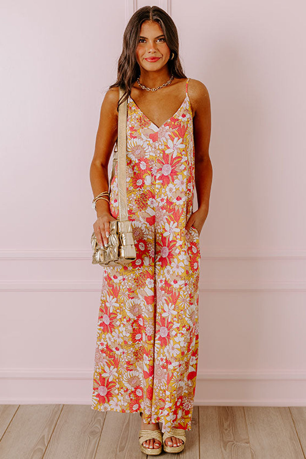 Orange Floral V Neck Wide Leg Sleeveless Jumpsuit