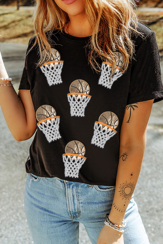 Black Sequin Basketball Patched Graphic Game Day T Shirt-Graphic/Graphic Tees-[Adult]-[Female]-Black-S-2022 Online Blue Zone Planet