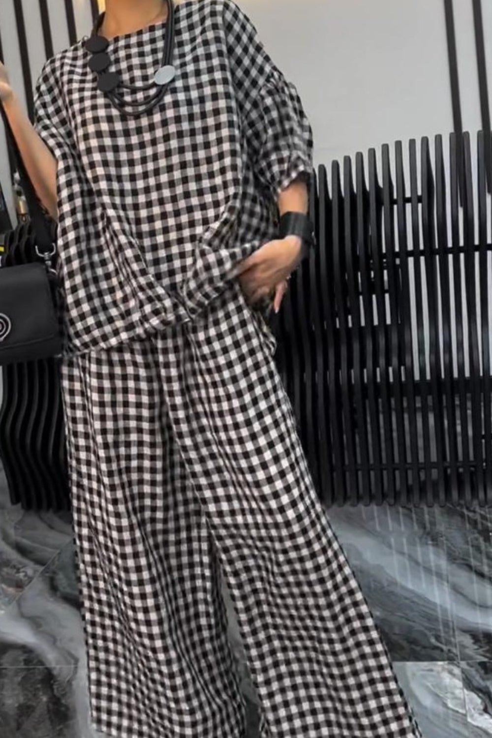 Full Size Plaid Round Neck Half Sleeve Top and Pants Set-TOPS / DRESSES-[Adult]-[Female]-Dark Gray-S-2022 Online Blue Zone Planet