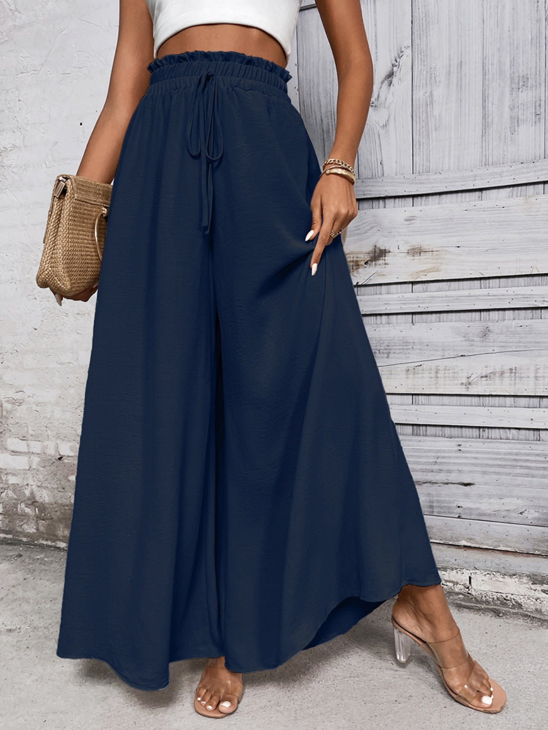 Honey Tied High Waist Wide Leg Pants-BOTTOMS SIZES SMALL MEDIUM LARGE-[Adult]-[Female]-2022 Online Blue Zone Planet