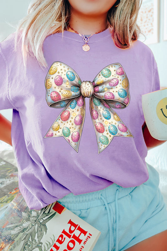 Wisteria Celebrative Easter Eggs Bow Print Casual T Shirt-Graphic/Graphic Tees-[Adult]-[Female]-Wisteria-S-2022 Online Blue Zone Planet