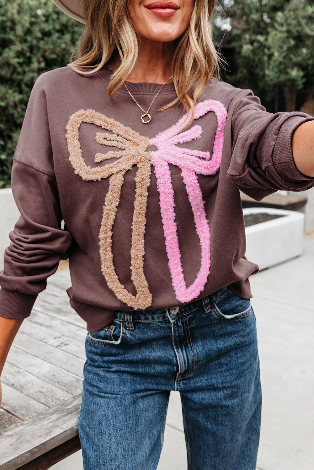 Dark Khaki Contrast Terry Bow Pattern Drop Shoulder Sweatshirt-Tops/Sweatshirts & Hoodies-[Adult]-[Female]-2022 Online Blue Zone Planet