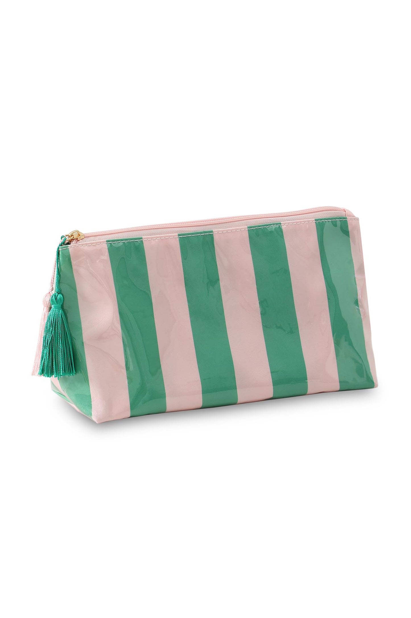 Dark Green Striped Vinyl Waterproof Tassel Zipper Makeup Bag-Shoes & Bags/Makeup Bags-[Adult]-[Female]-2022 Online Blue Zone Planet