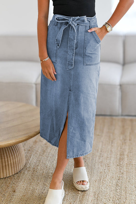 Dusk Blue Light Wash Belted High Waist Midi Denim Skirt-Bottoms/Skirts & Petticoat-[Adult]-[Female]-Dusk Blue-S-2022 Online Blue Zone Planet