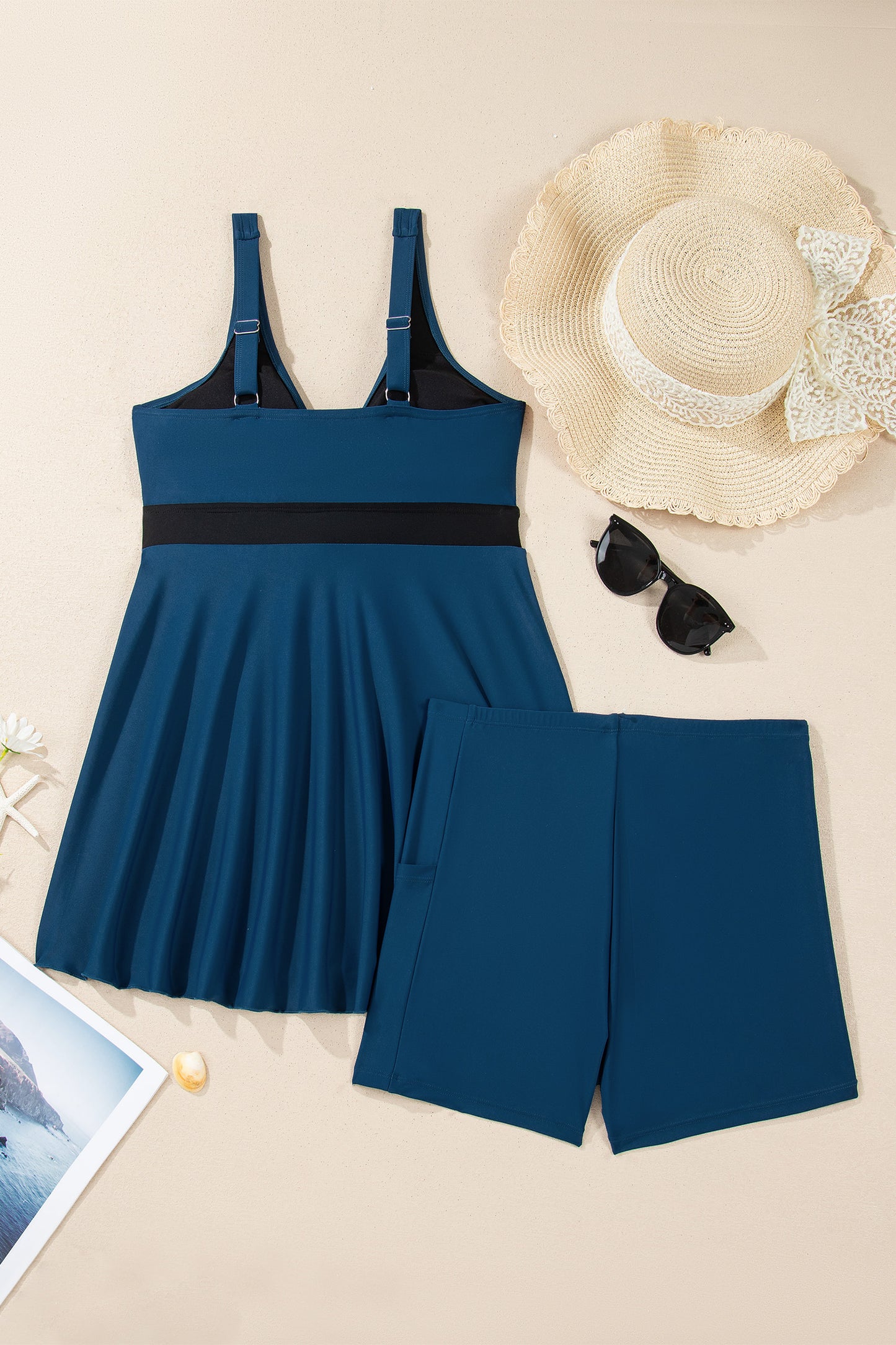 Sail Blue Color Block Patchwork Bow Knot Detail Sleeveless Swim Dress-TOPS / DRESSES-[Adult]-[Female]-2022 Online Blue Zone Planet