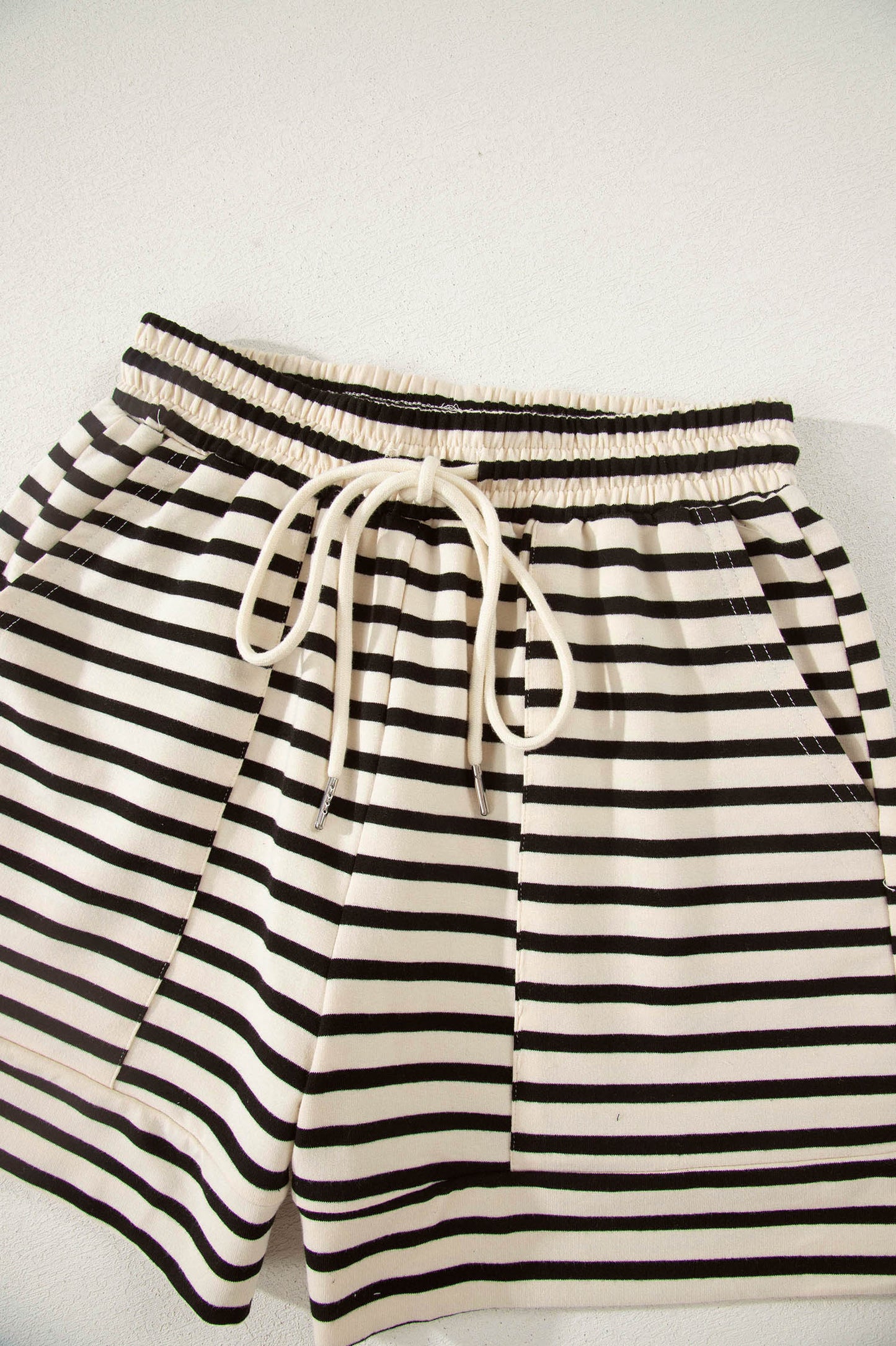 Black Stripe Ribbed Color Block Trim Zip Polo Tee Drawstring Shorts 2pcs Outfit-Two Piece Sets/Short Sets-[Adult]-[Female]-2022 Online Blue Zone Planet
