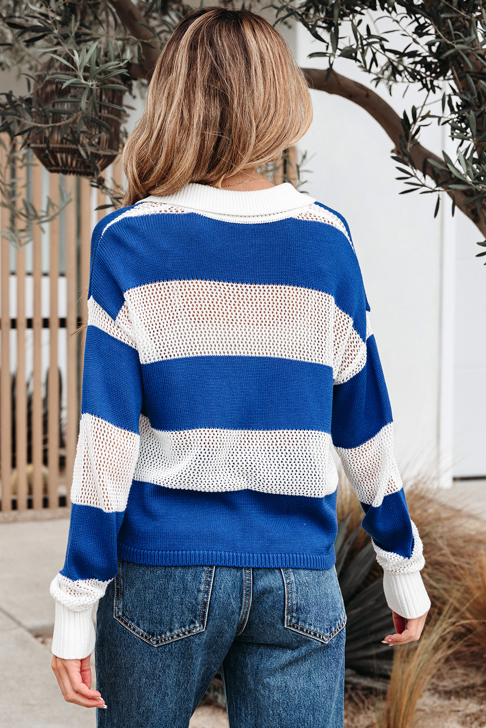 Blue Stripe Colorblock Polo Collar Eyelet Crochet Knitted Sweater-TOPS / DRESSES-[Adult]-[Female]-2022 Online Blue Zone Planet