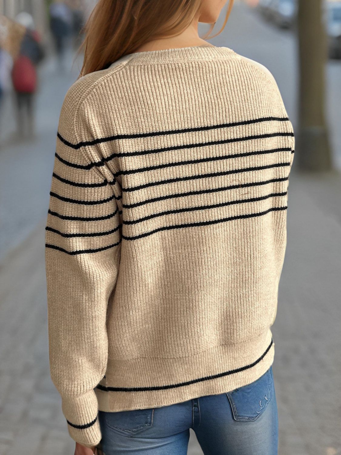 Striped Round Neck Long Sleeve Sweater-TOPS / DRESSES-[Adult]-[Female]-2022 Online Blue Zone Planet