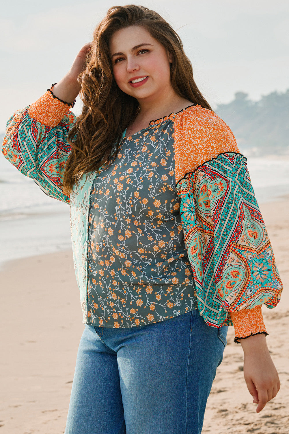 Blue Zone Planet | Green Floral Patchwork Lantern Sleeve Buttoned V Neck Plus Size Blouse-Plus Size/Plus Size Tops/Plus Size Blouses & Shirts-[Adult]-[Female]-2022 Online Blue Zone Planet