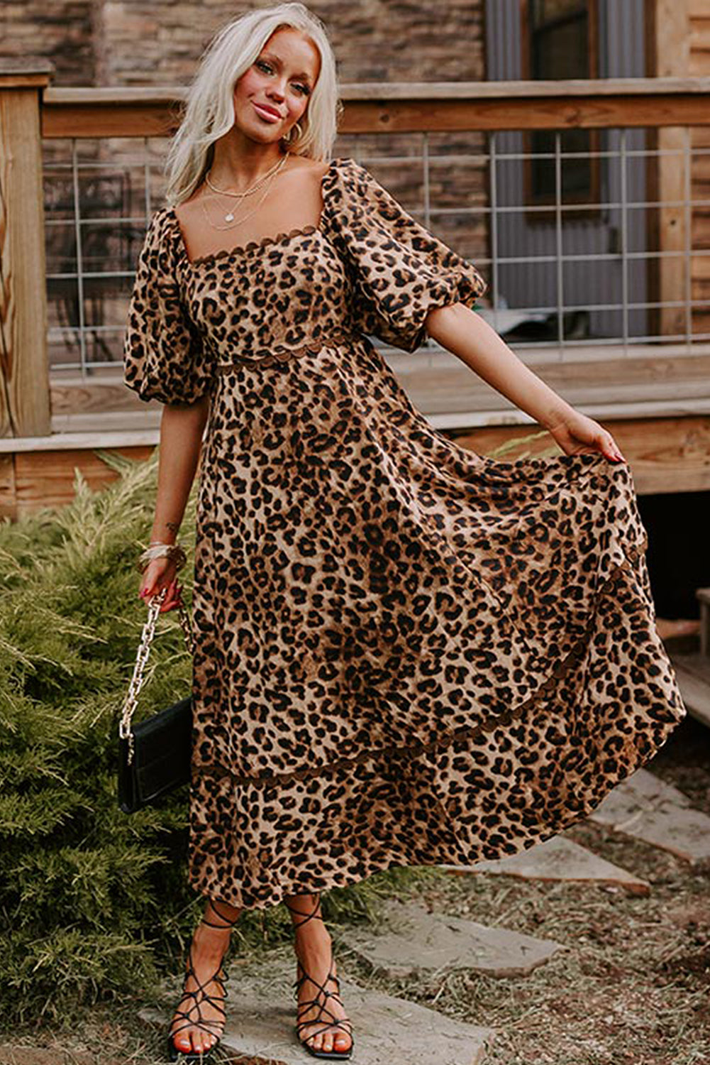 Brown Leopard Print Puff Sleeve Ricrac Maxi Dress-Maxi Dresses-[Adult]-[Female]-2022 Online Blue Zone Planet