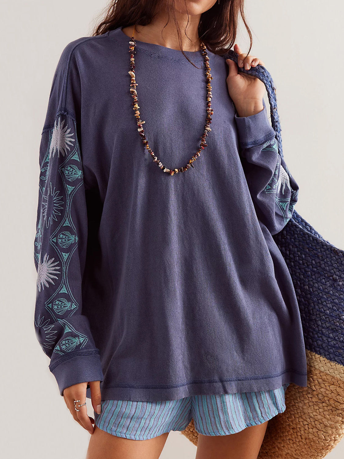 Embroidered Round Neck Long Sleeve Sweatshirt-TOPS / DRESSES-[Adult]-[Female]-2022 Online Blue Zone Planet