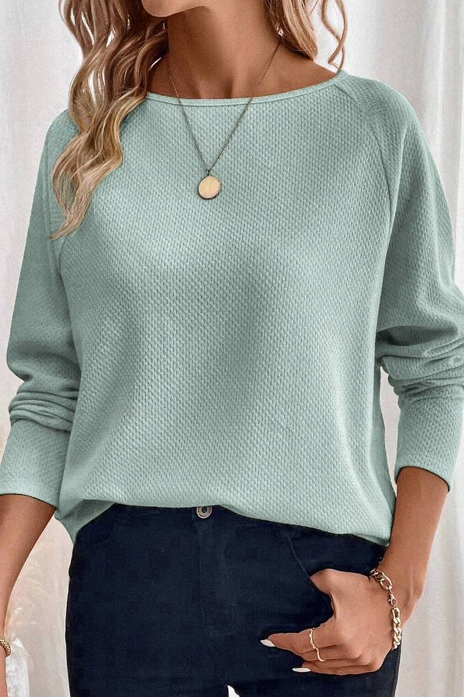 Moonlight Jade Textured Raglan Sleeve Knit Loose Top-Tops/Long Sleeve Tops-[Adult]-[Female]-2022 Online Blue Zone Planet