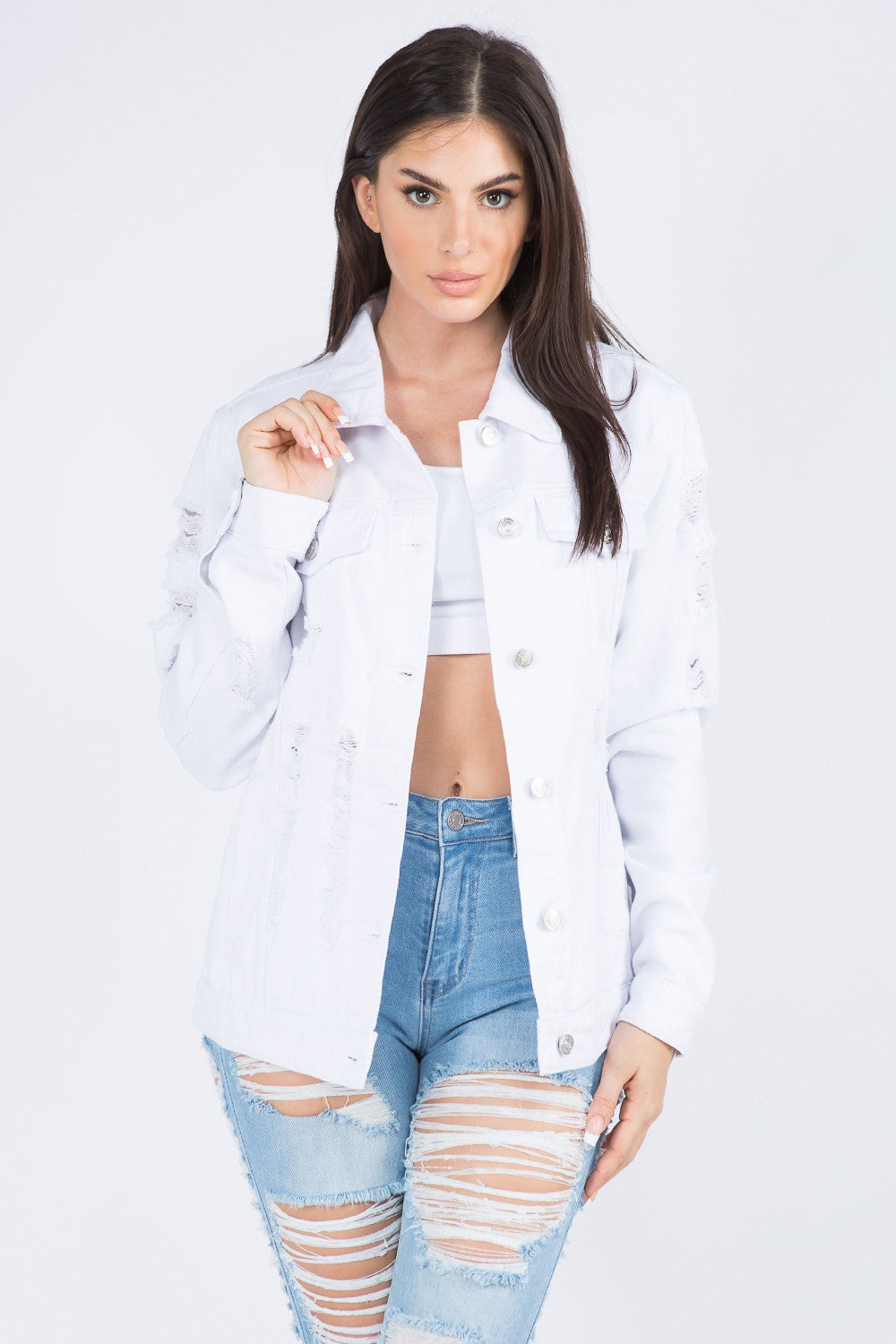 American Bazi Distressed Back Button Down Denim Jacket-TOPS / DRESSES-[Adult]-[Female]-White-S-2022 Online Blue Zone Planet