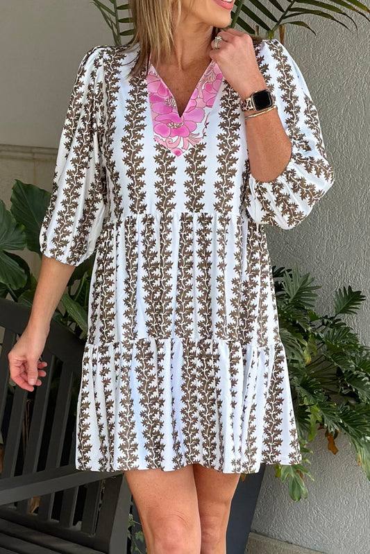 Black Contrast Floral V Neck Printed Bracelet Sleeve Dress-TOPS / DRESSES-[Adult]-[Female]-Black-S-2022 Online Blue Zone Planet