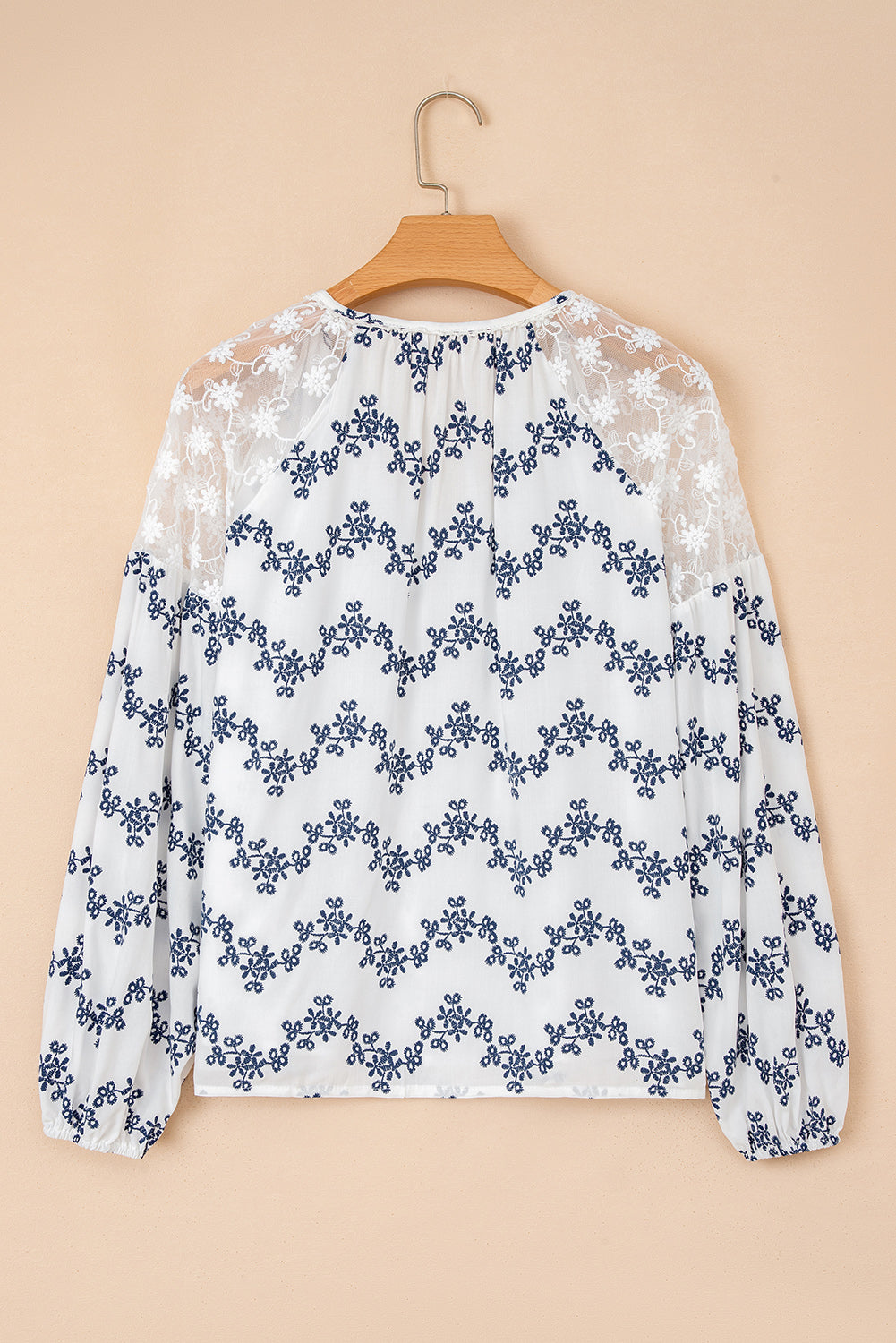 Blue Lace Patchwork Floral Bubble Sleeve V Split Neck Blouse-Tops/Blouses & Shirts-[Adult]-[Female]-2022 Online Blue Zone Planet