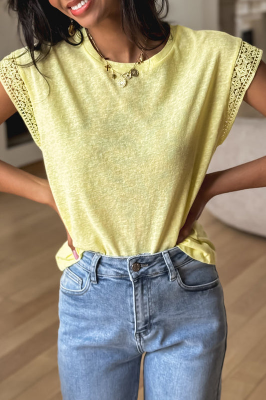Yellow Cream Lace Patchwork Cap Sleeve Round Neck T Shirt-Tops/Tops & Tees-[Adult]-[Female]-Yellow Cream-S-2022 Online Blue Zone Planet