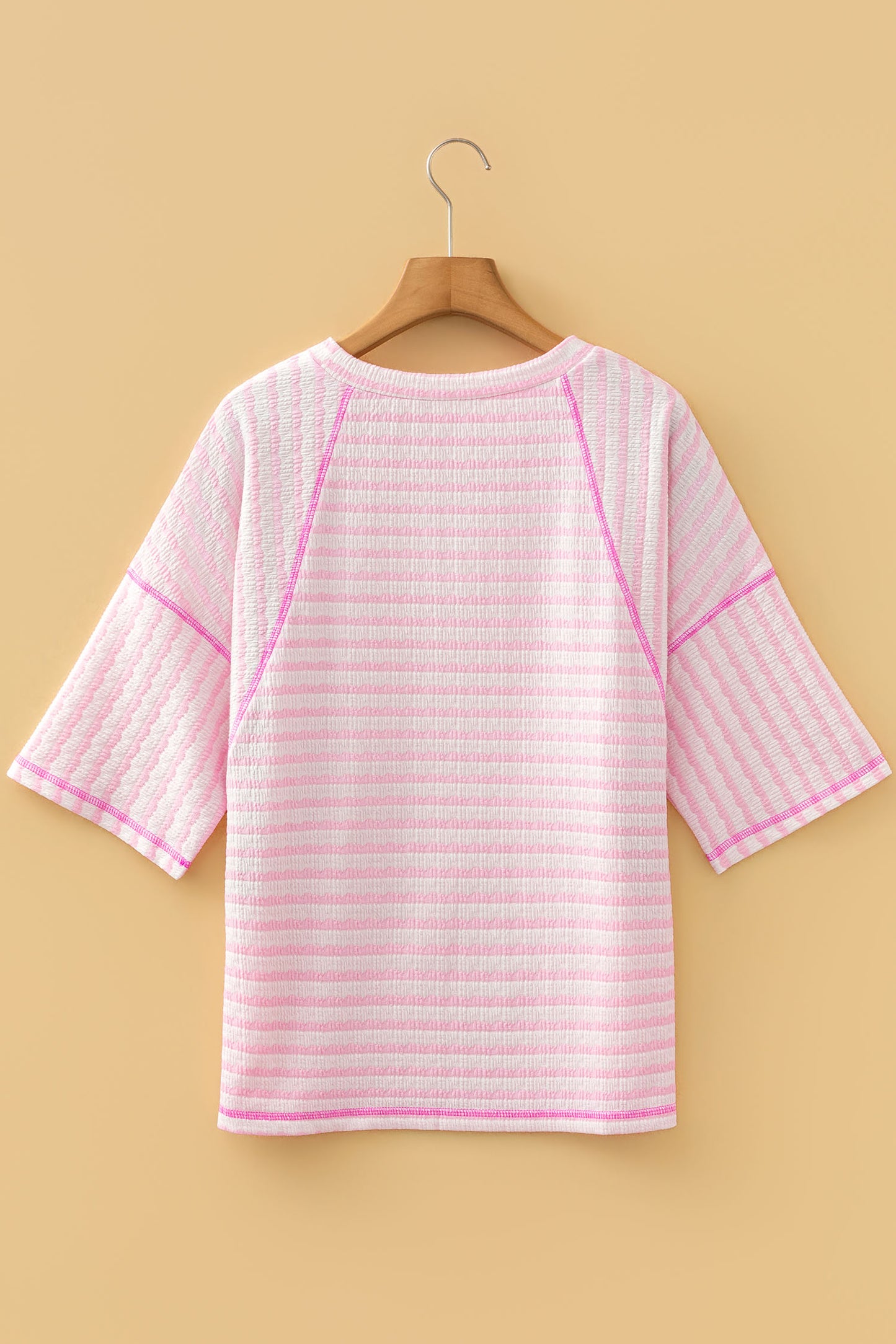 Pink Stripe Textured Knit Split Hem Half Sleeve Loose Top-Tops/Tops & Tees-[Adult]-[Female]-2022 Online Blue Zone Planet