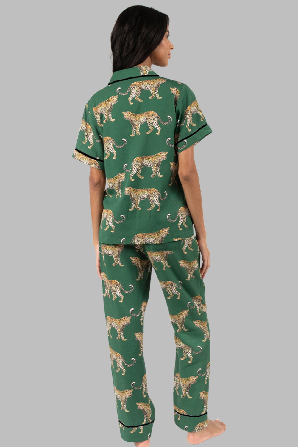 Green Cheetah Print Short Sleeve Shirt and Pants Pajama Set-Loungewear & Sleepwear/Sleepwear-[Adult]-[Female]-2022 Online Blue Zone Planet