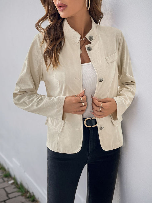 Perfee Button Up Mock Neck Jacket-TOPS / DRESSES-[Adult]-[Female]-Beige-S-2022 Online Blue Zone Planet