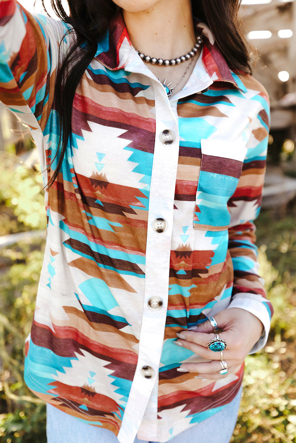 Multicolor Aztec Print Buttoned Pocket Chest Long Sleeve Shirt-Tops/Blouses & Shirts-[Adult]-[Female]-2022 Online Blue Zone Planet