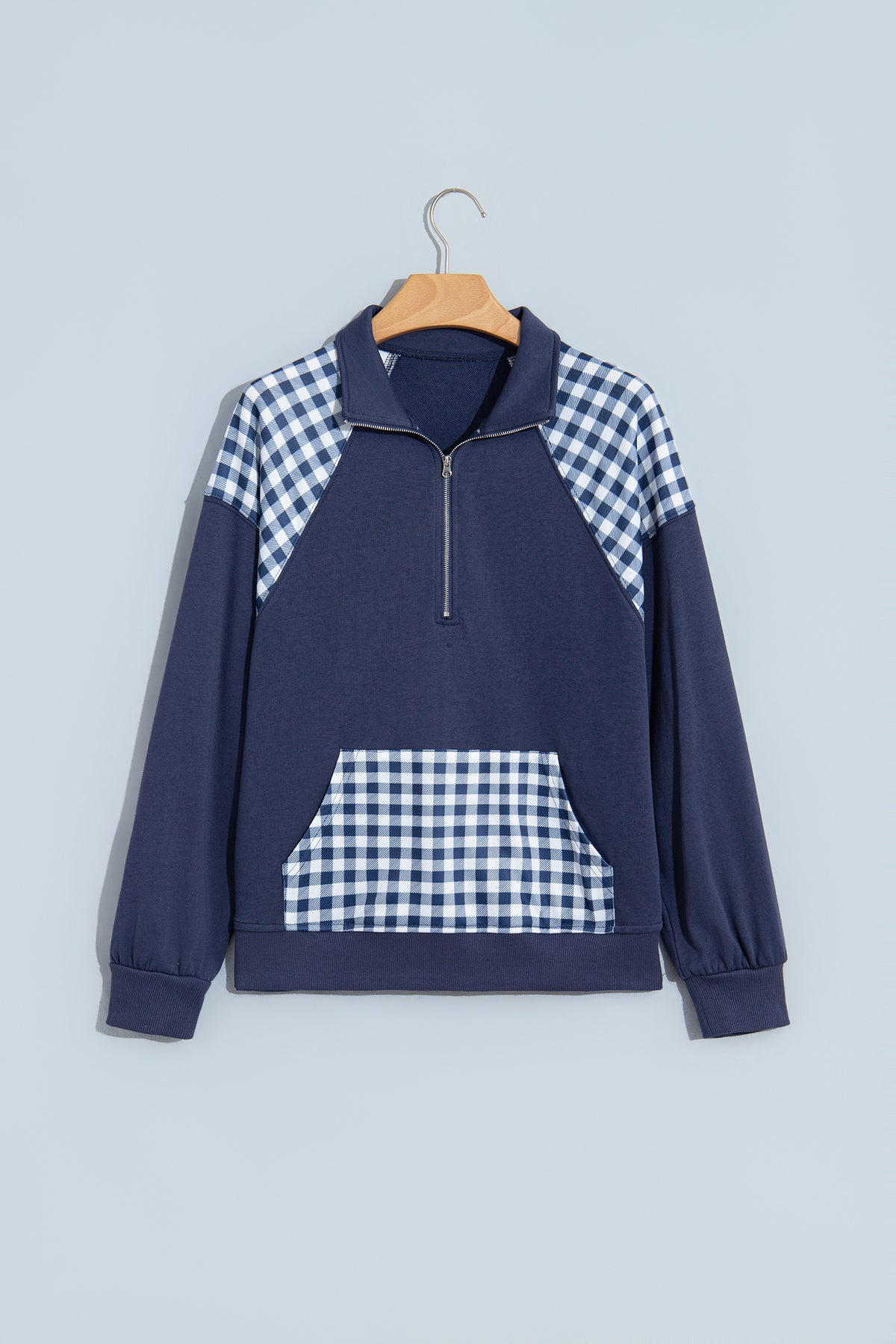 Navy Blue Patchwork Plaid Pocket Quarter Zip Sweatshirt-Tops/Sweatshirts & Hoodies-[Adult]-[Female]-2022 Online Blue Zone Planet