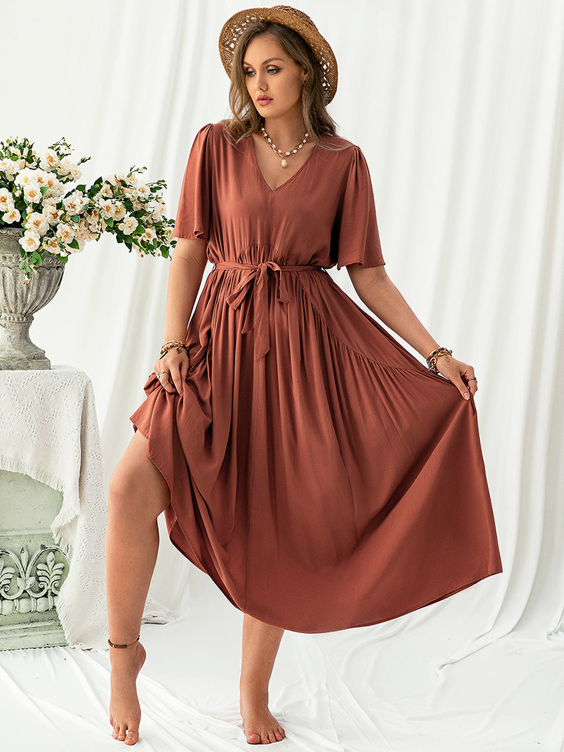 Plus Size V-Neck Flutter Sleeve Midi Dress-TOPS / DRESSES-[Adult]-[Female]-2022 Online Blue Zone Planet