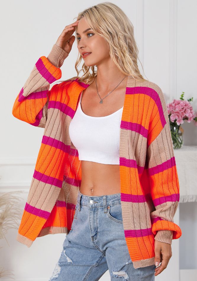 Contrast Striped Drop Shoulder Open Front Cardigan-TOPS / DRESSES-[Adult]-[Female]-2022 Online Blue Zone Planet