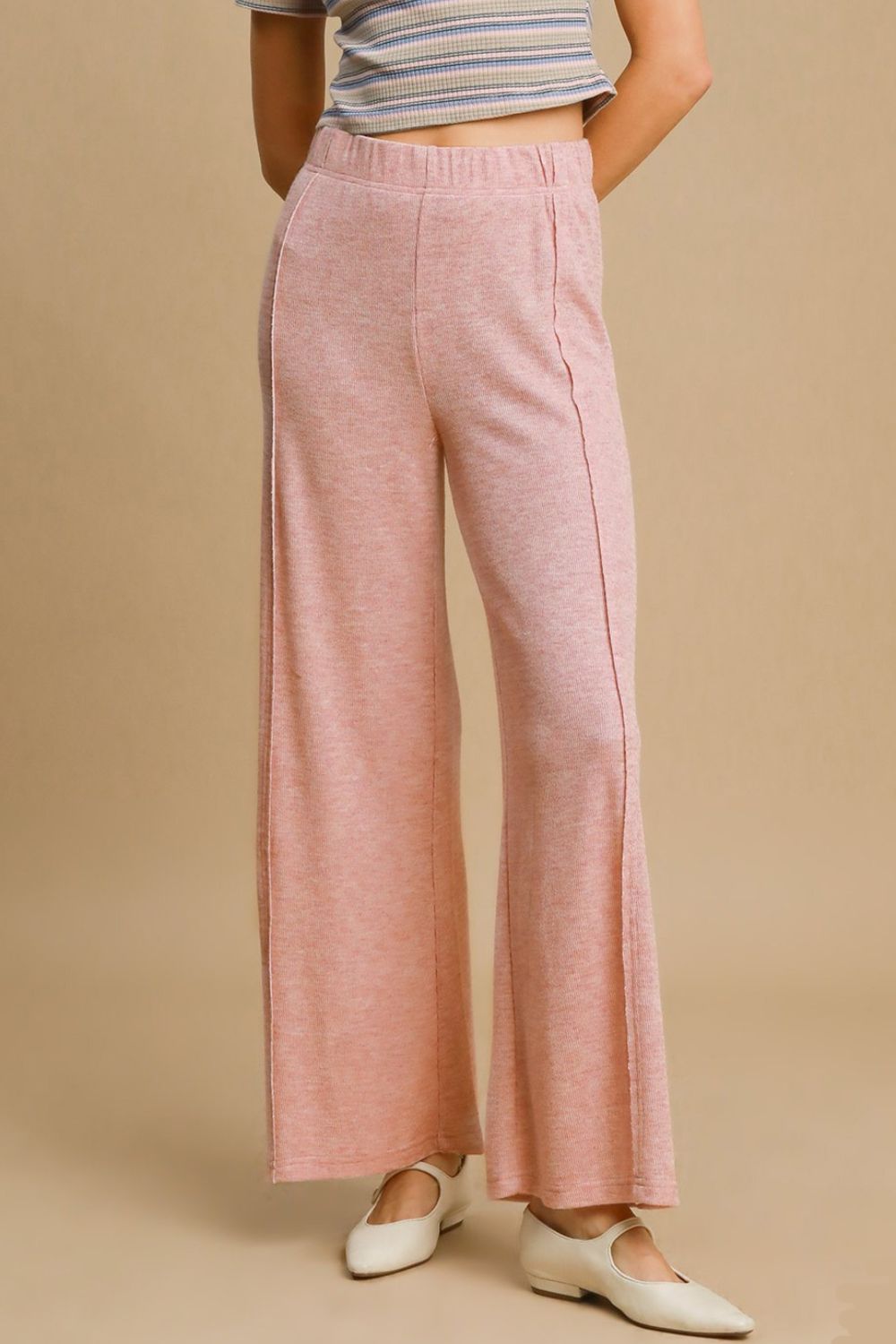 Umgee Elastic Waist Wide Leg Knit Pants-BOTTOMS SIZES SMALL MEDIUM LARGE-[Adult]-[Female]-Dusty Pink-S-2022 Online Blue Zone Planet