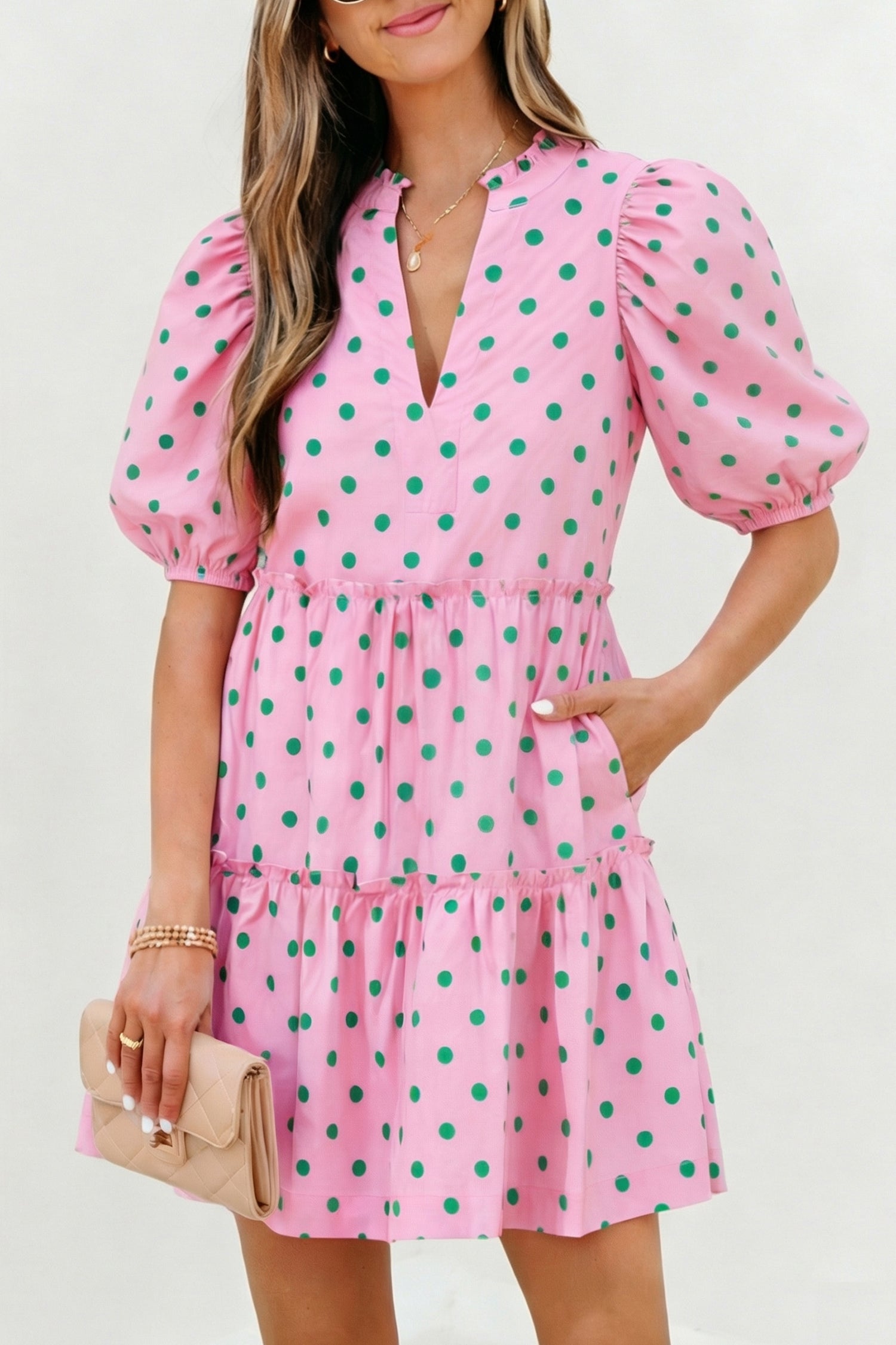 Pink Polka Dot Print V Neck Short Sleeve Tiered Mini Dress-TOPS / DRESSES-[Adult]-[Female]-Pink-S-2022 Online Blue Zone Planet