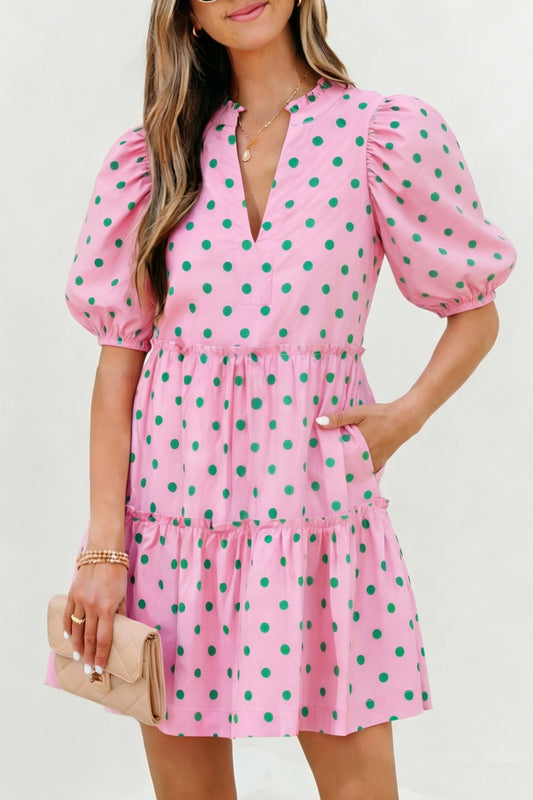 Pink Polka Dot Print V Neck Short Sleeve Tiered Mini Dress-TOPS / DRESSES-[Adult]-[Female]-Pink-S-2022 Online Blue Zone Planet