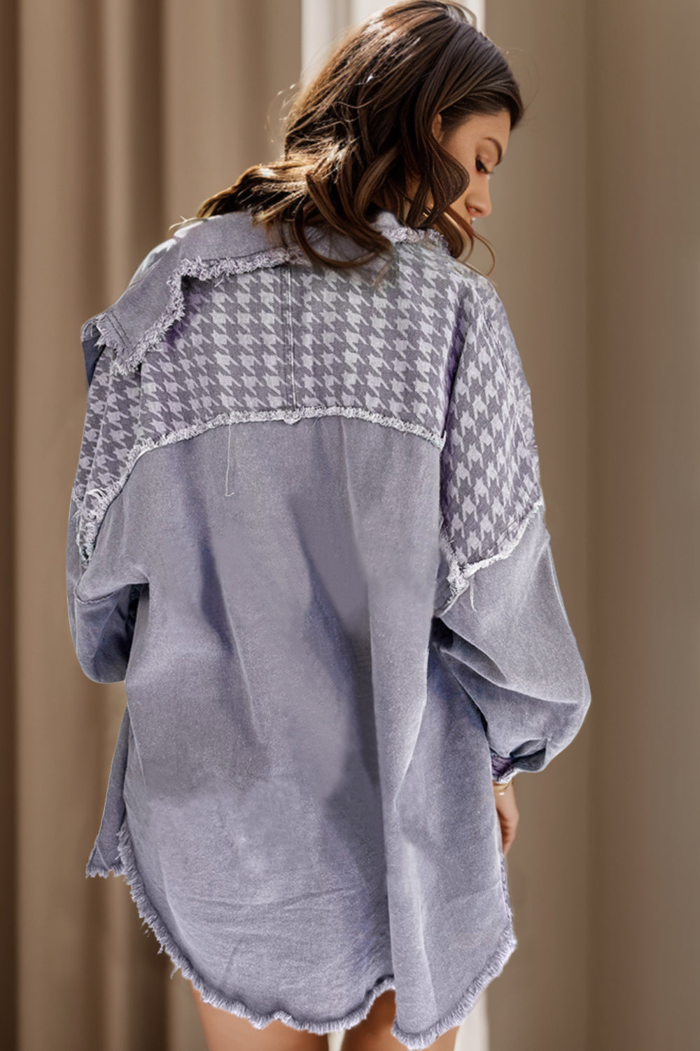 Houndstooth Raw Hem Dropped Shoulder Jacket-TOPS / DRESSES-[Adult]-[Female]-2022 Online Blue Zone Planet