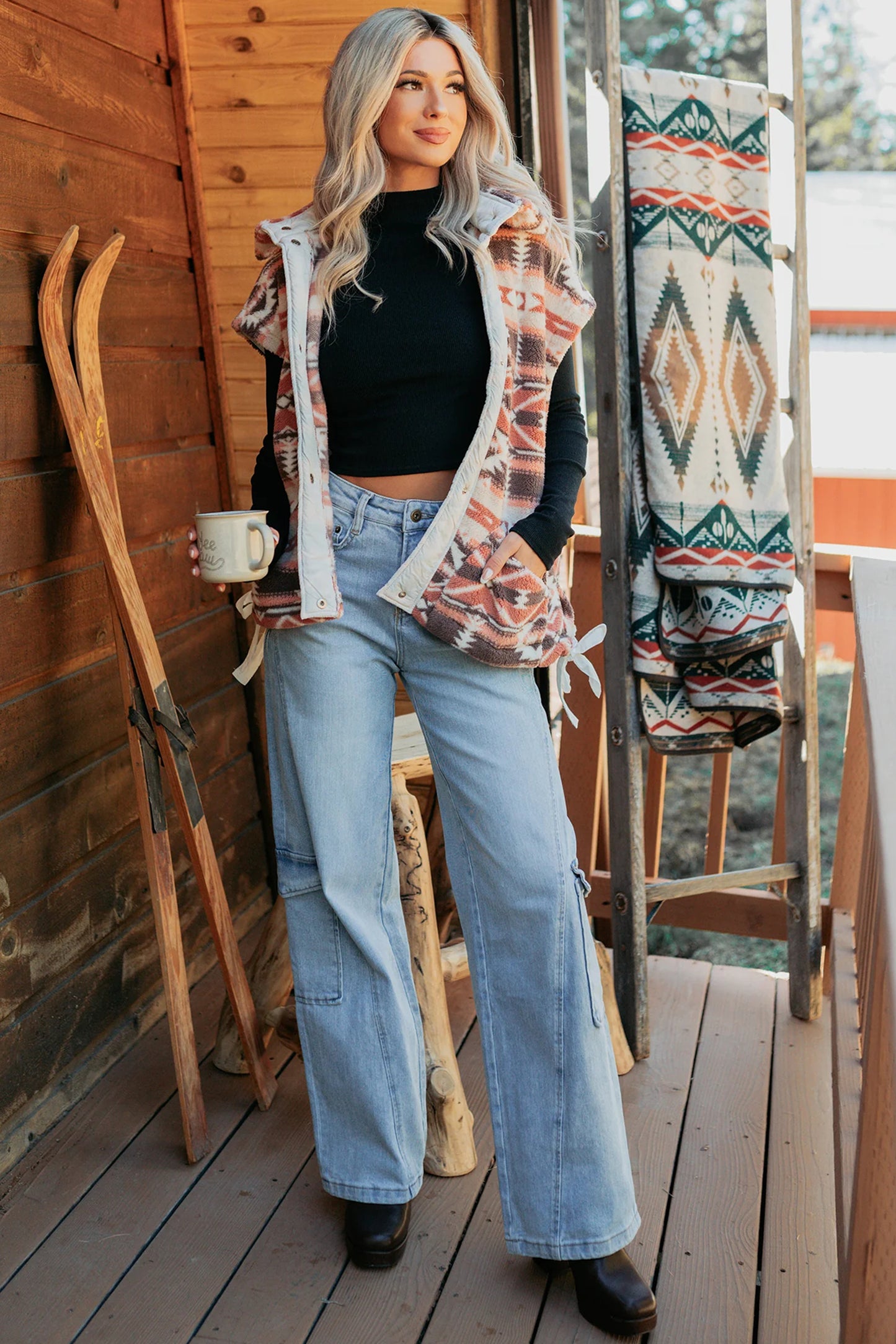 Multicolour Geometric Print Fleece Metal Button Placket Shift Silhouette Vest
