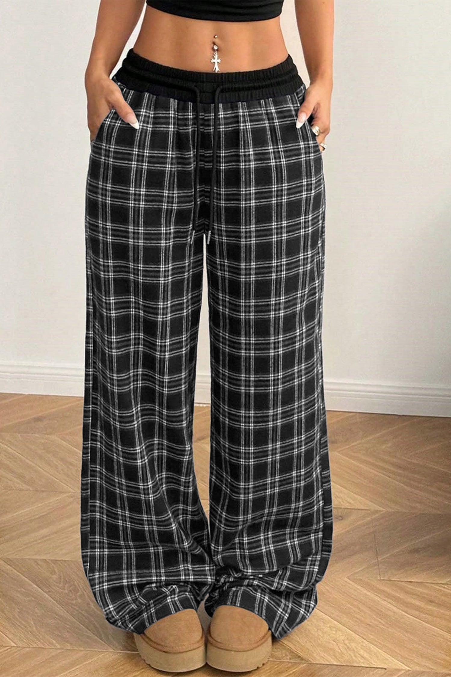 Black Frenchy Plaid Pattern Contrast Drawstring Waist Wide Leg Pants-Bottoms/Pants & Culotte-[Adult]-[Female]-2022 Online Blue Zone Planet
