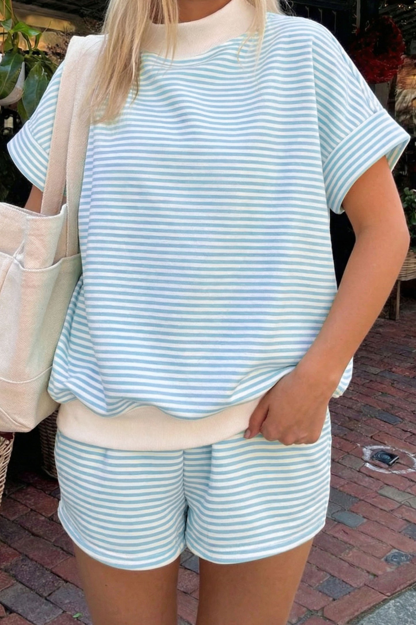 Pink Stripe Cuffed Sleeve Contrast Mock Neck Tee Casual 2pcs Short Set-Two Piece Sets/Short Sets-[Adult]-[Female]-Sky Blue Stripe-S-2022 Online Blue Zone Planet