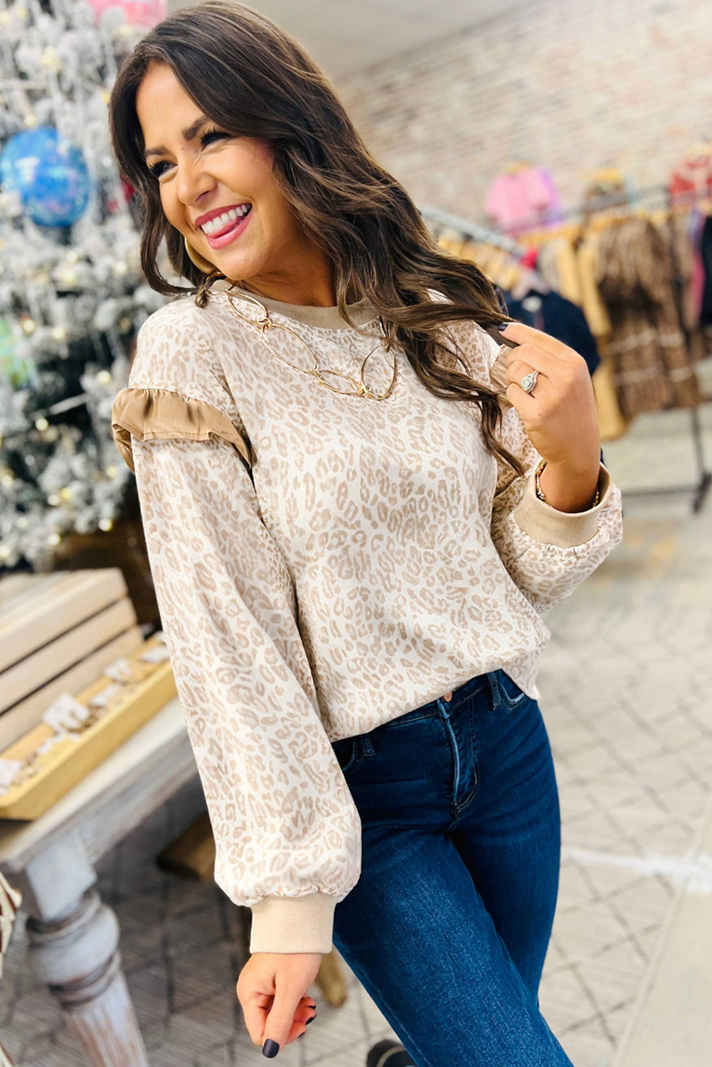 Khaki Leopard Ruffle Detail Ribbed Trim Round Neck Sweatshirt-Tops/Sweatshirts & Hoodies-[Adult]-[Female]-2022 Online Blue Zone Planet