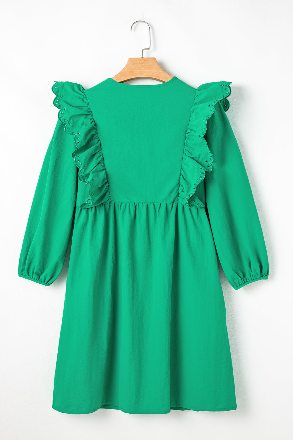 Blue Zone Planet | Bright Green Embroidered Ruffled Trim 3/4 Sleeve V Neck Mini Dress-TOPS / DRESSES-[Adult]-[Female]-2022 Online Blue Zone Planet