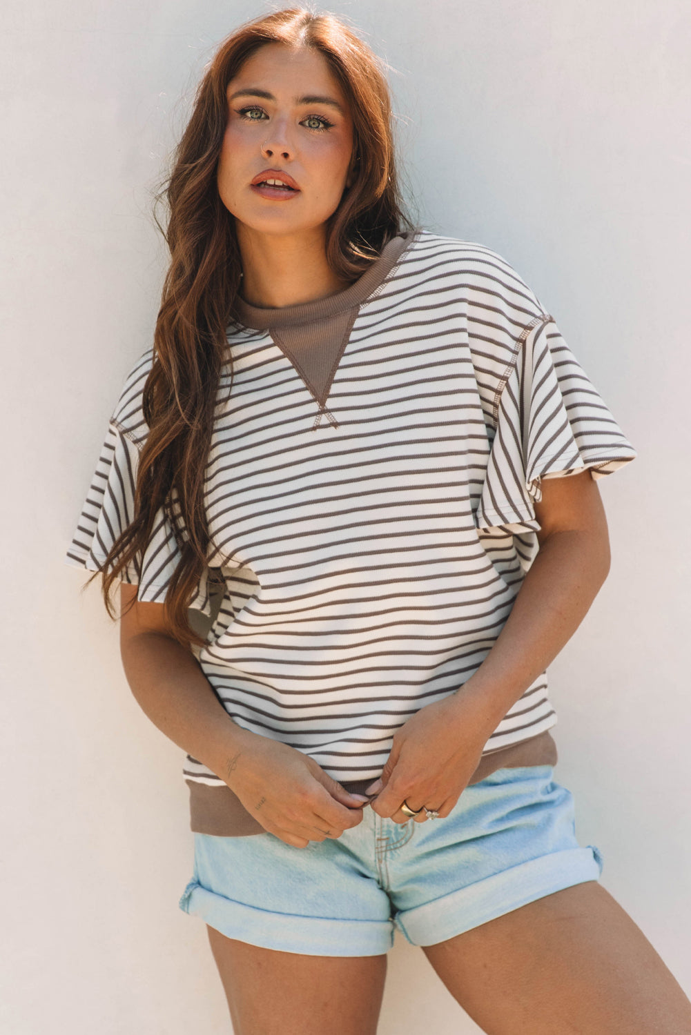 Parchment Contrast Detail Striped Ruffle Short Sleeve Top-Tops/Blouses & Shirts-[Adult]-[Female]-2022 Online Blue Zone Planet