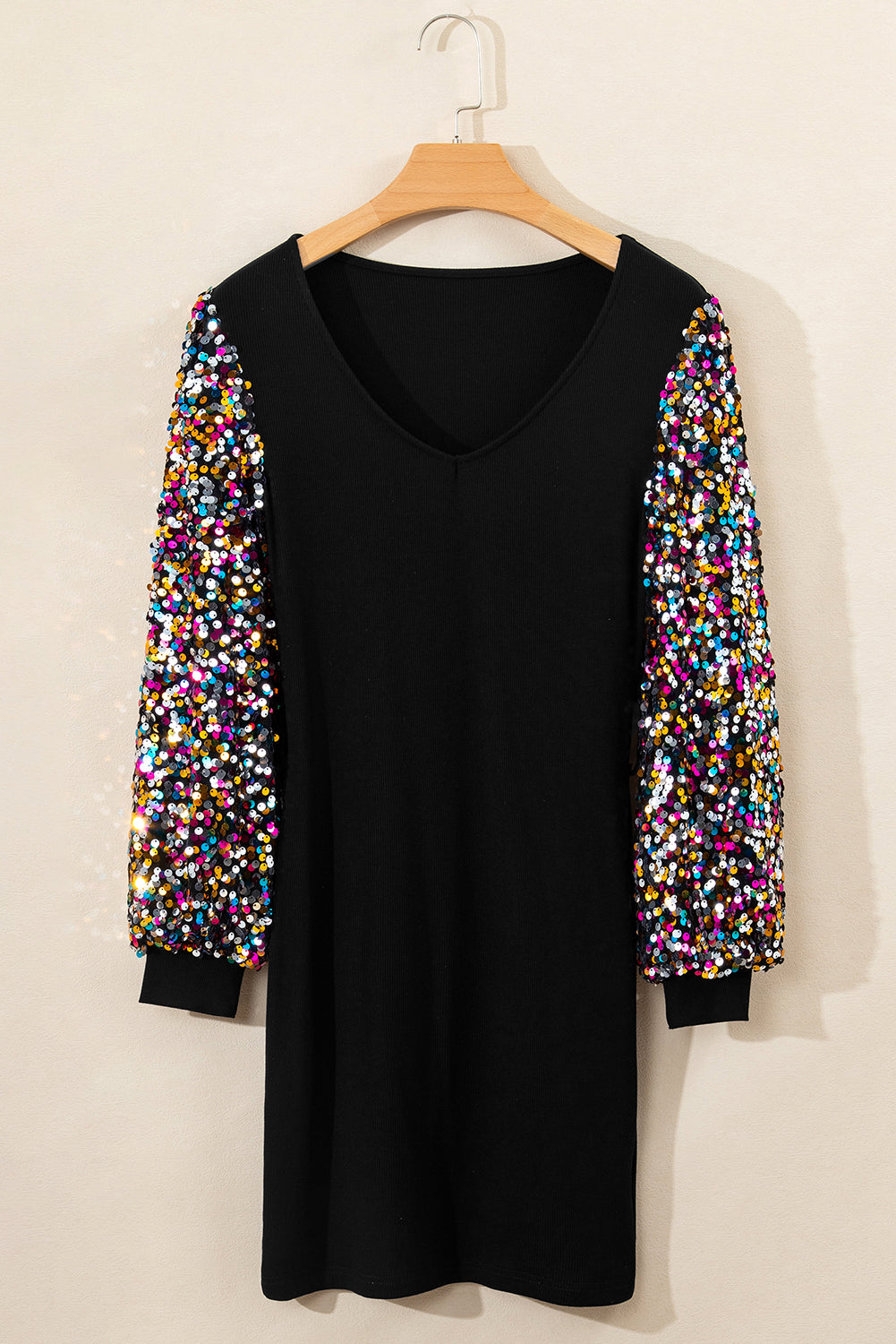 Black Sequin Bishop Sleeve U Neck Mini Sweater Dress-Sweaters & Cardigans/Sweater Dresses-[Adult]-[Female]-2022 Online Blue Zone Planet