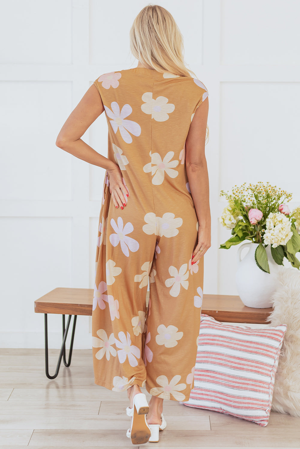 Khaki Floral Print Sleeveless Button up Wide Leg Loose Jumpsuit-Bottoms/Jumpsuits & Rompers-[Adult]-[Female]-2022 Online Blue Zone Planet