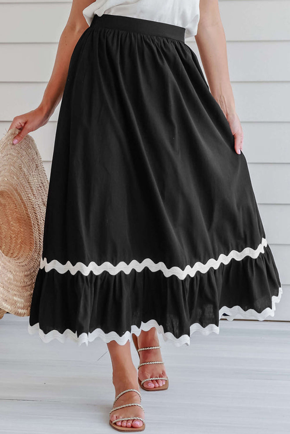 Black Ricrac Trim Colorblock High Waist Long Skirt-Bottoms/Skirts & Petticoat-[Adult]-[Female]-Black-S-2022 Online Blue Zone Planet